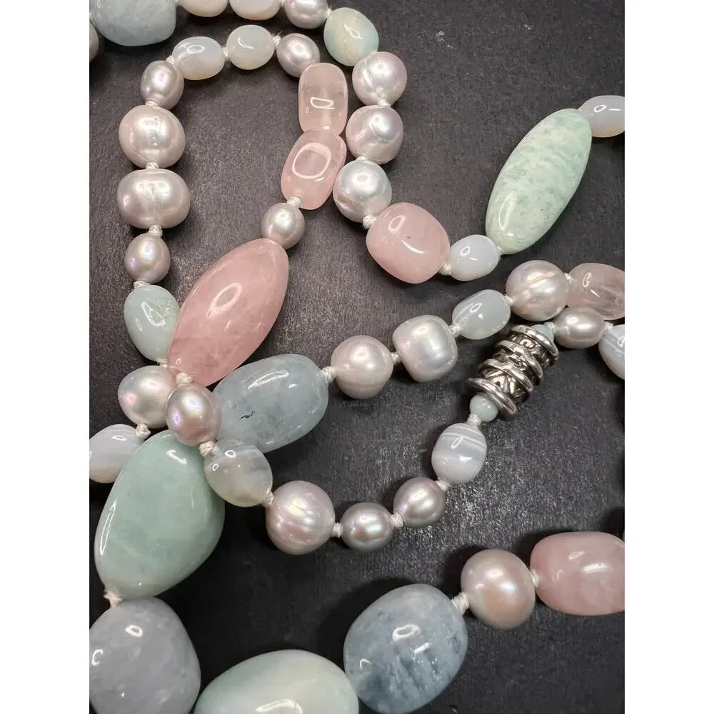 NEW dead stock amazonite , pearl multi stone sterling silver 30 inch necklace